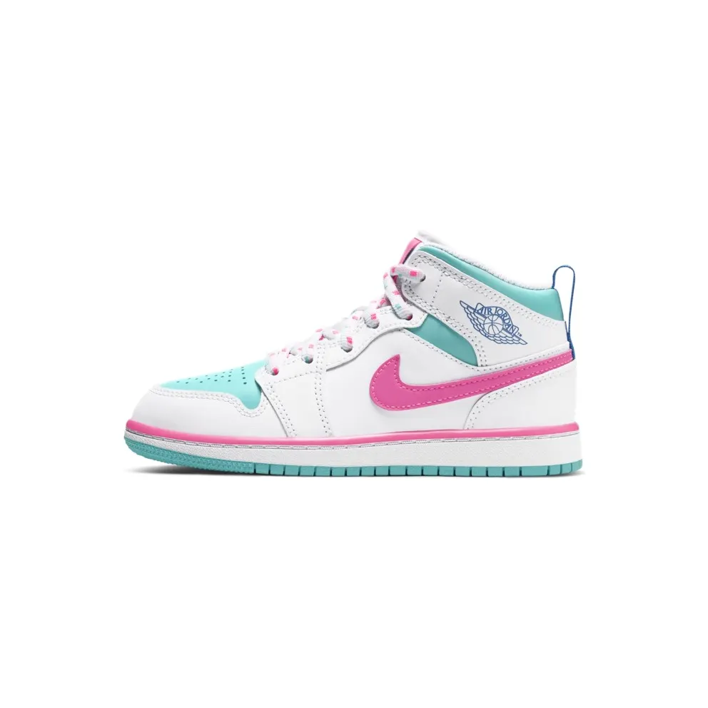 Jordan 1 Mid White Pink Green Soar (PS) White/Digital Pink-Aurora Green-Soar (640737-102)