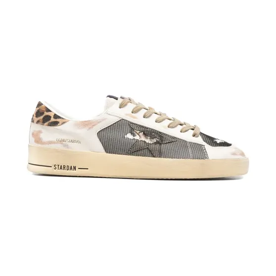 Golden Goose Stardan van nappa en mesh met luipaard-print en ponyhaar hielstuk “White” (GMF00370F007937)