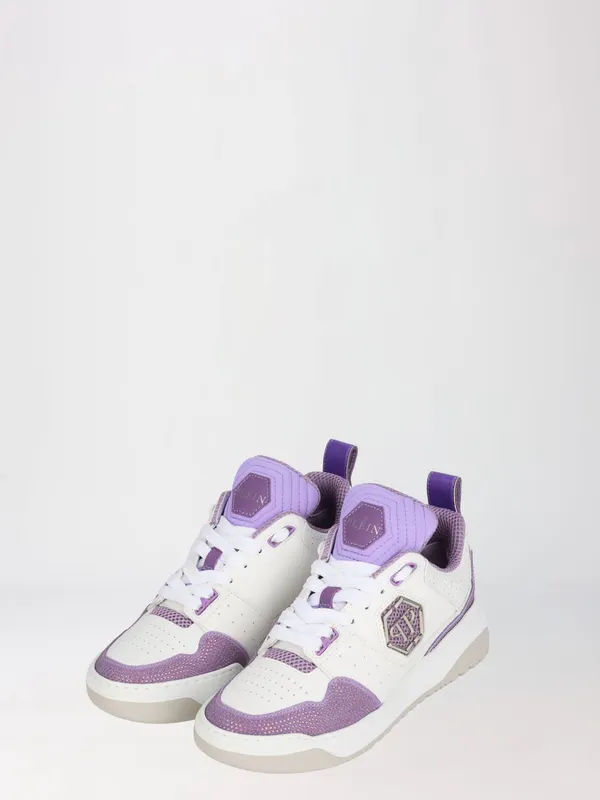 Philipp plein High-Top Leather and Suede Sneakers with Crystal Monogram and Hexagon Logo White 1 (FADSWSC2750PLE010N0173)