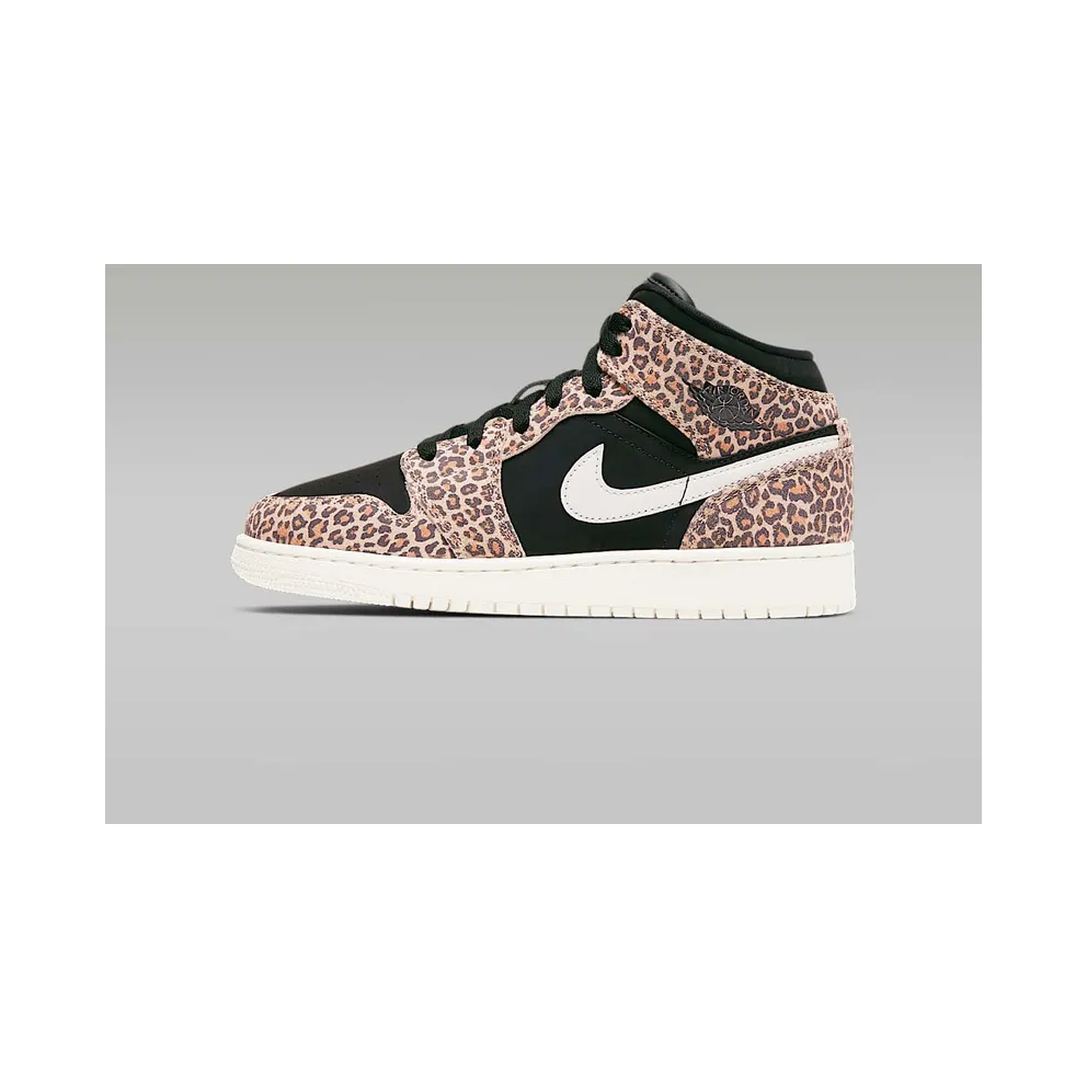 Jordan 1 Mid SE Leopard (GS) Black/Pale Ivory-Desert Ore (BQ6931-021)