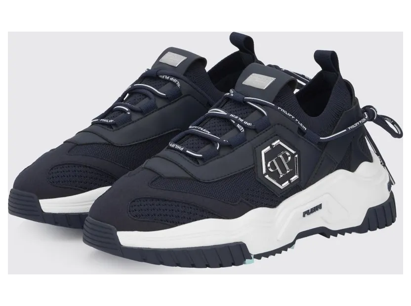 Philipp plein Low-Top Sneakers in Crochet Knit and Leather with Metallic Hexagon Logo Blue (FABSUSC0248PTE003N24)