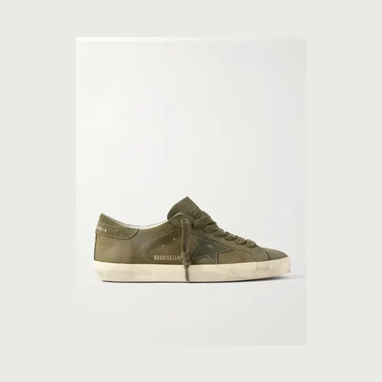 Golden Goose Super-Star Distressed Suede-Trimmed Full-Grain Leather Sneakers Army green (GMF00101.F008156)
