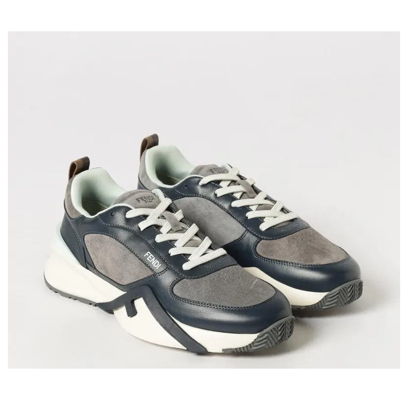 Fendi Flow Low-Top Sneakers in Suede and Smooth Calf Leather Blue (7E1925AY1WF1WPE)