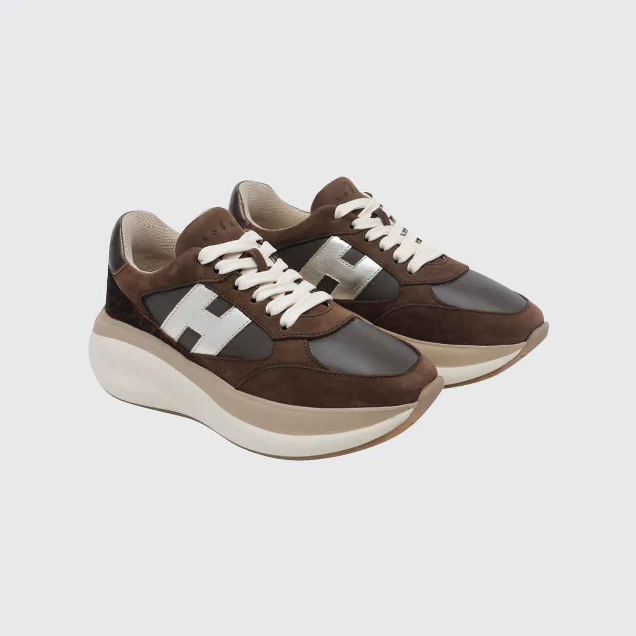 Hogan Maxi I Active Nubuck and Pony-Effect Leather Sneakers with Platform Sole Brown (HXW7140GA40VHL0R1W)