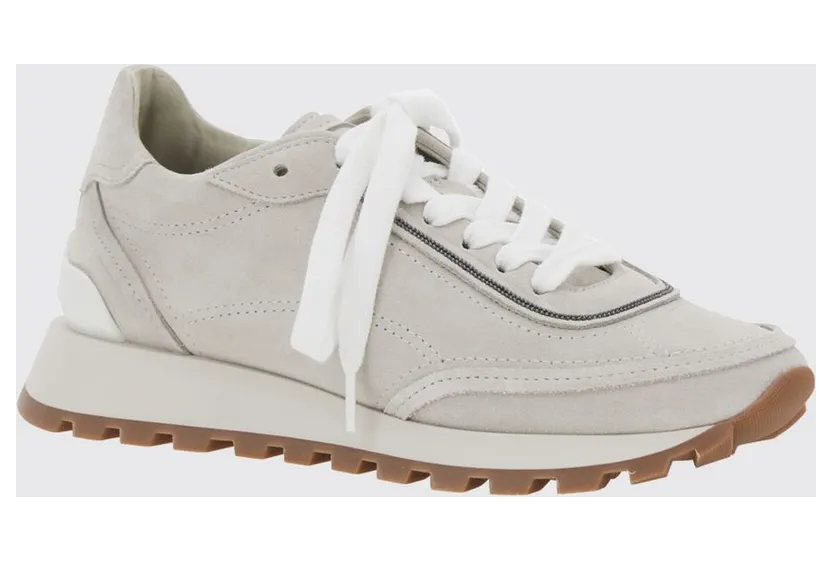 Brunello cucinelli Suede Calfskin Low-Top Trainers with Monili Grey (MZSFG3318PC9593)