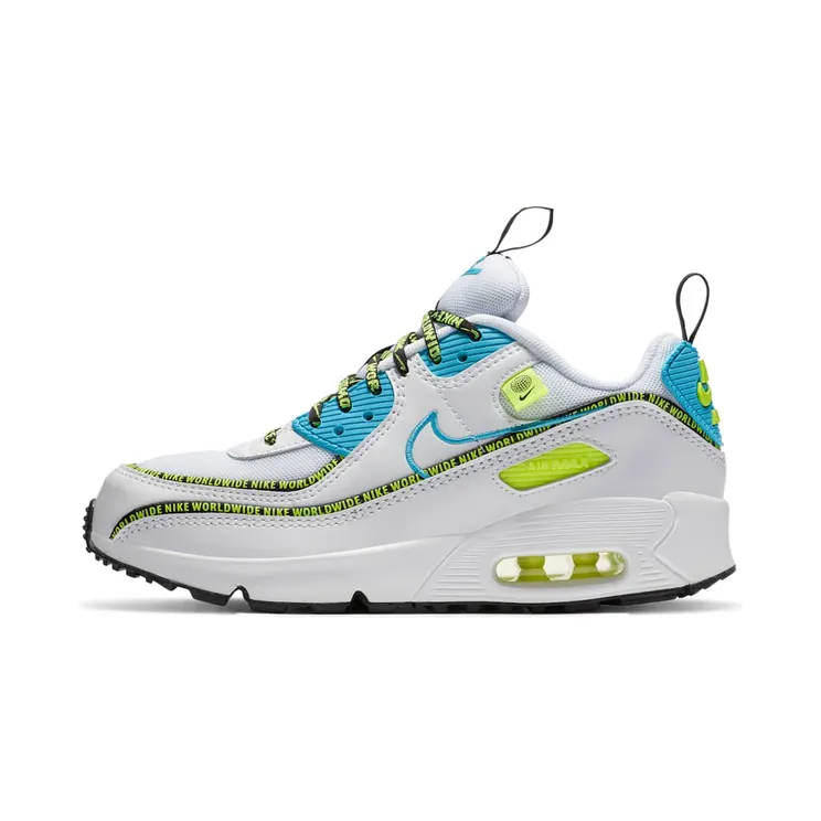 Nike Air Max 90 SE Worldwide Pack “White / Black / Volt / Blue Fury” (CV7665-100)