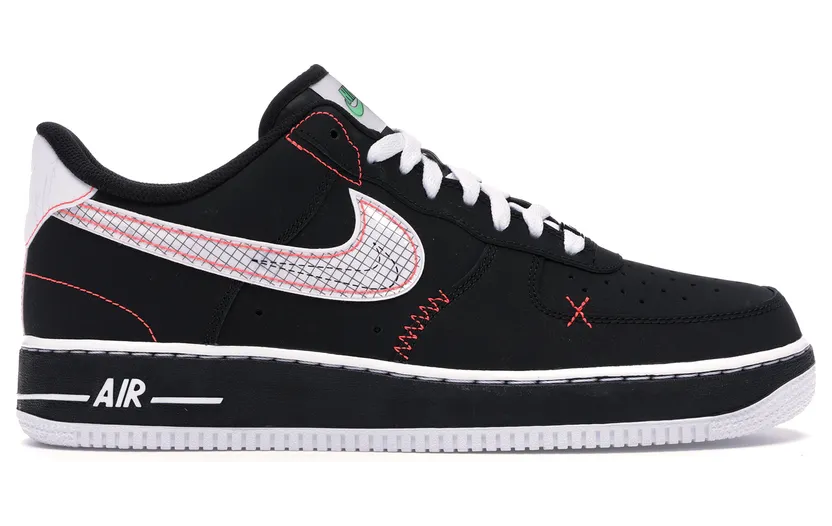 Nike Air Force 1 ’07 LV8 ‘Exposed Stitching’ Black/White/Bright Crimson/Green Strike (CU6646-001)