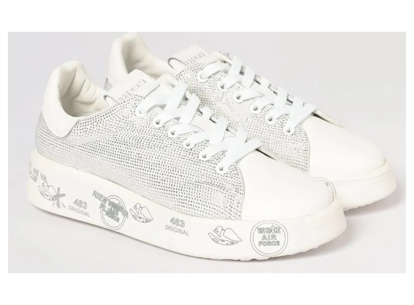 Premiata Belle Leather Sneakers with Rhinestones Yellow Cream (BELLE8158)