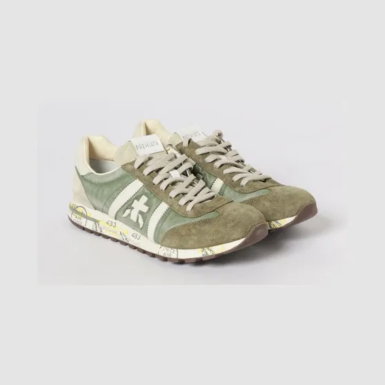 Premiata Lucy Sneakers in Suede and Used Nylon Green (LUCY7256N)