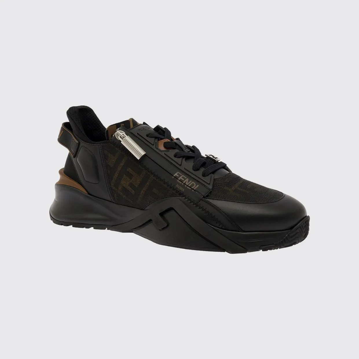 Fendi Flow Low-Top Technical Fabric Sneakers with FF Monogram and Side Zip Black (7E1392AQ69F1C38)