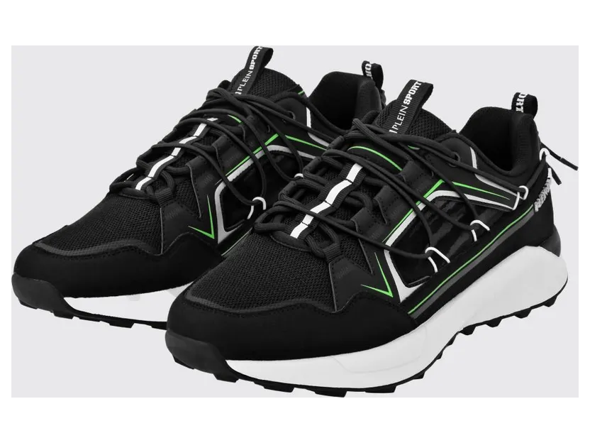 Plein Sport Striped Mesh Low-Top Sneakers with Drawstring Closure and Logo Black (UADSUSC0607STE003N02)
