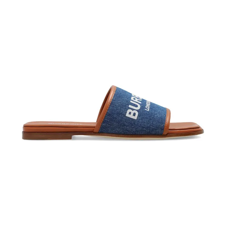 Burberry Logo Print Slipper Sandals Denim Blue Tan (8070752)