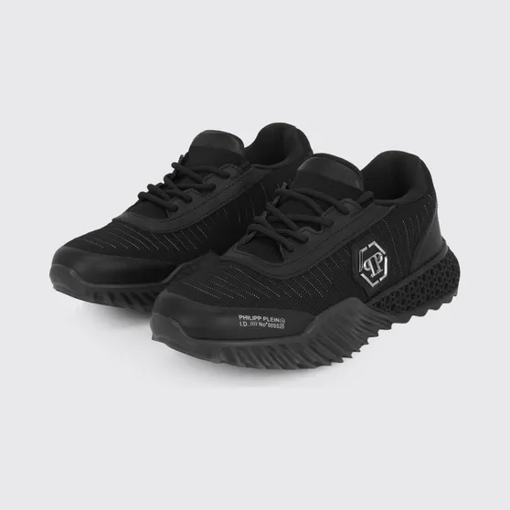 Philipp plein Hexagon Runner Low-Top Sneakers in Leather and Knit with Monogram Black (LABSUSC0079PTE003N02)