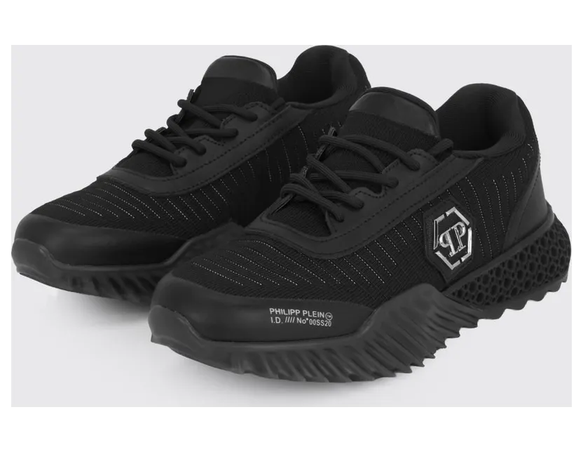 Philipp plein Hexagon Runner Low-Top Sneakers in Leather and Knit with Monogram Black (LABSUSC0079PTE003N02)