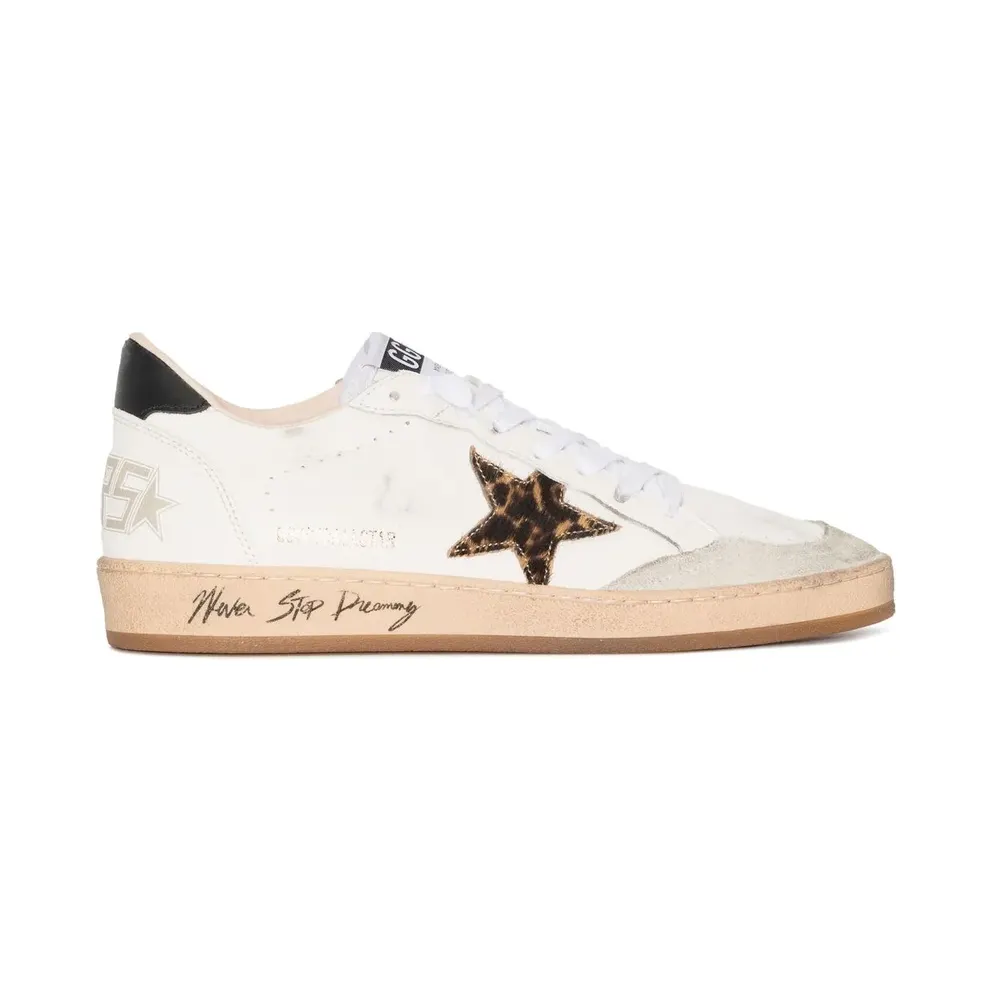 Golden Goose Ball Star Sneaker mit Stern aus Ponyfell mit Leopardenprint und schwarzer Fersenlasche – White (GWF00117F002599)
