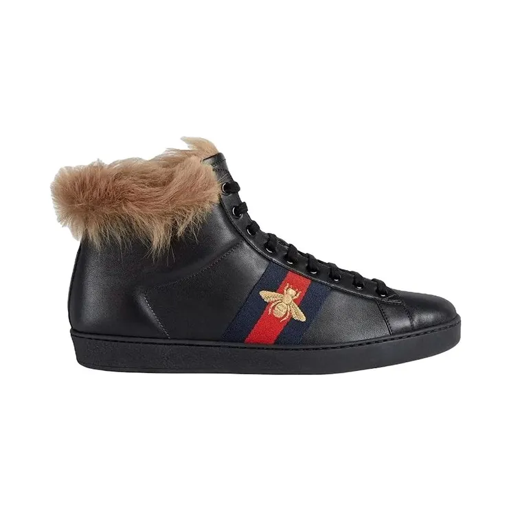 Gucci Ace Stripe High-Top Black Fur (497367 0FI50 1093)
