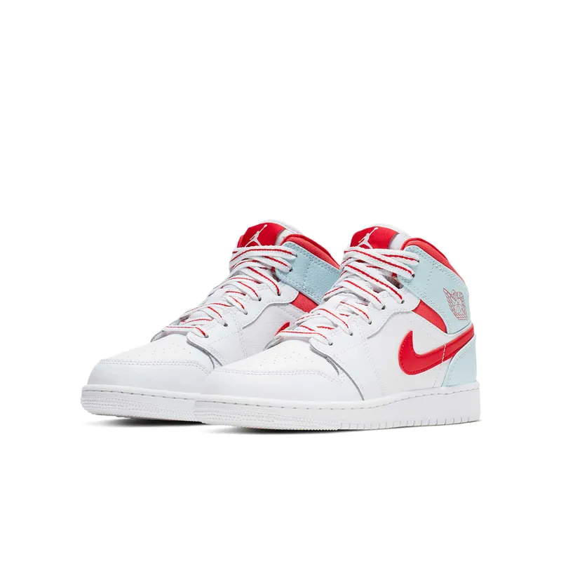 Jordan 1 Mid White Topaz Mist (GS) White/University Red-Topaz Mist-Ember Glow (555112-104)