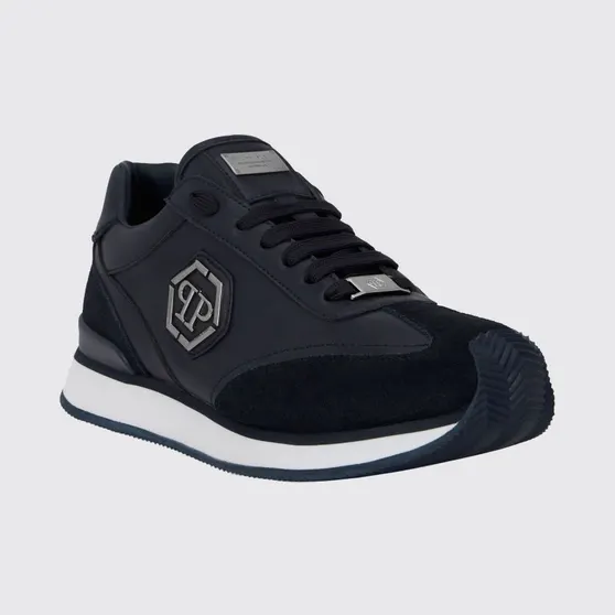 Philipp plein Leather and Suede Low-Top Sneakers with Hexagon Logo and Monogram Blue (UAFSUSC1074PLE005N14)