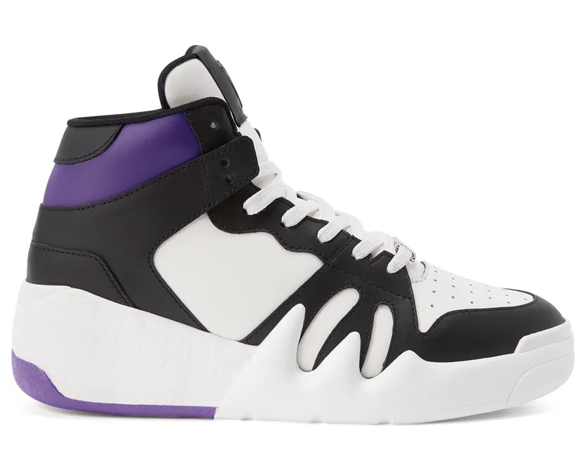 Giuseppe Zanotti Sneakers hautes talon» confectionnées en cuir noir et blanc avec un détail en cuir violet, une doublure intérieure en tissu technique noir et des lacets en coton blanc. ce modèle est doté d’un détail signature » en tissu avec un logo caoutchouté noir et d (RW20017004)