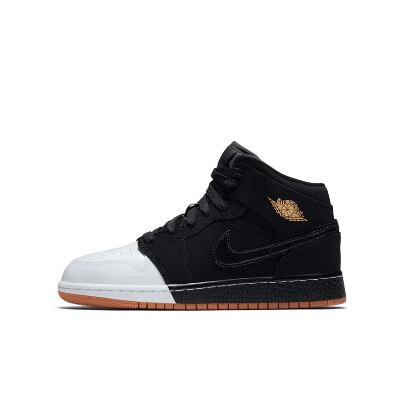 Jordan 1 Mid Black White Gold (GS) Black/Metallic Gold-White (555112-021)
