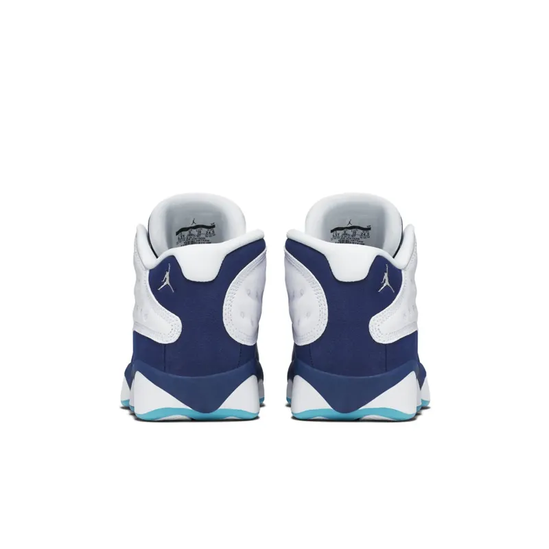 Jordan 13 Retro Low Hornets (GS) White/Metallic Silver-Midnight Navy-Turquoise Blue (310811-107)