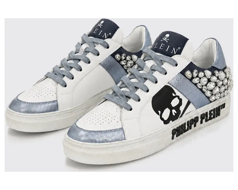 Philipp plein Skull Print Leather Low-Top Sneakers with Crystals Blue (AAFSWSC2808PLE005N0714)