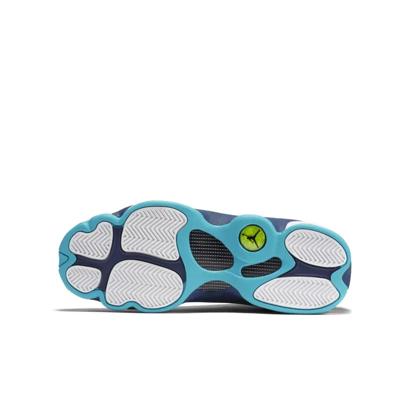 Jordan 13 Retro Low Hornets (GS) White/Metallic Silver-Midnight Navy-Turquoise Blue (310811-107)