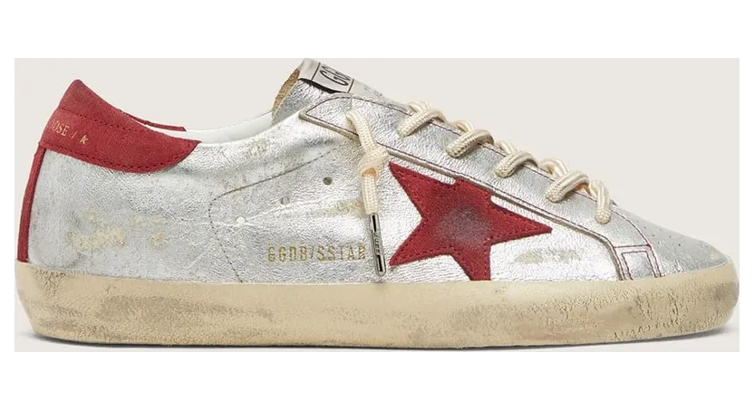 Golden Goose Women’S Super-Star Ltd In Metallic Silver Leather With Red Suede Star (GWF00101.F008507.70366)