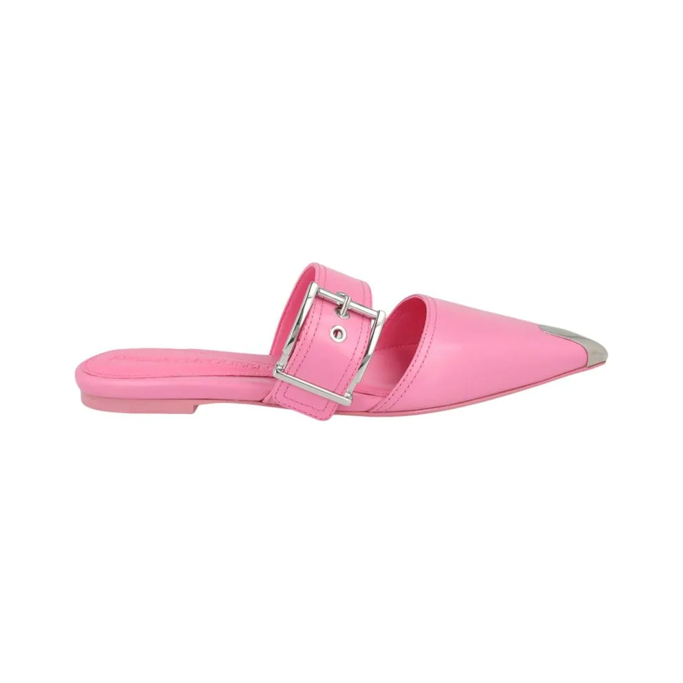 Alexander McQueen Buckle Leather Mules Sugar Pink Silver (733188 WHSWD 5482)