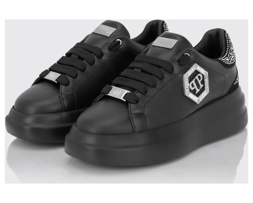 Philipp plein Leather Chunky Sneakers with Hexagon Logo and Rhinestones Black (FAFSWSC2812PLE022N0202)
