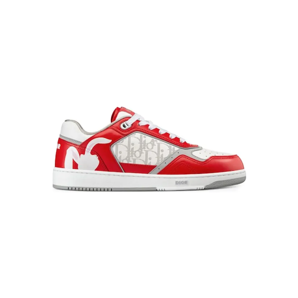 Dior B27 Low ERL Red and White Smooth Calfskin and White Dior Oblique Galaxy Leather with Rabbit Motif (3SN272ZWB_H300)