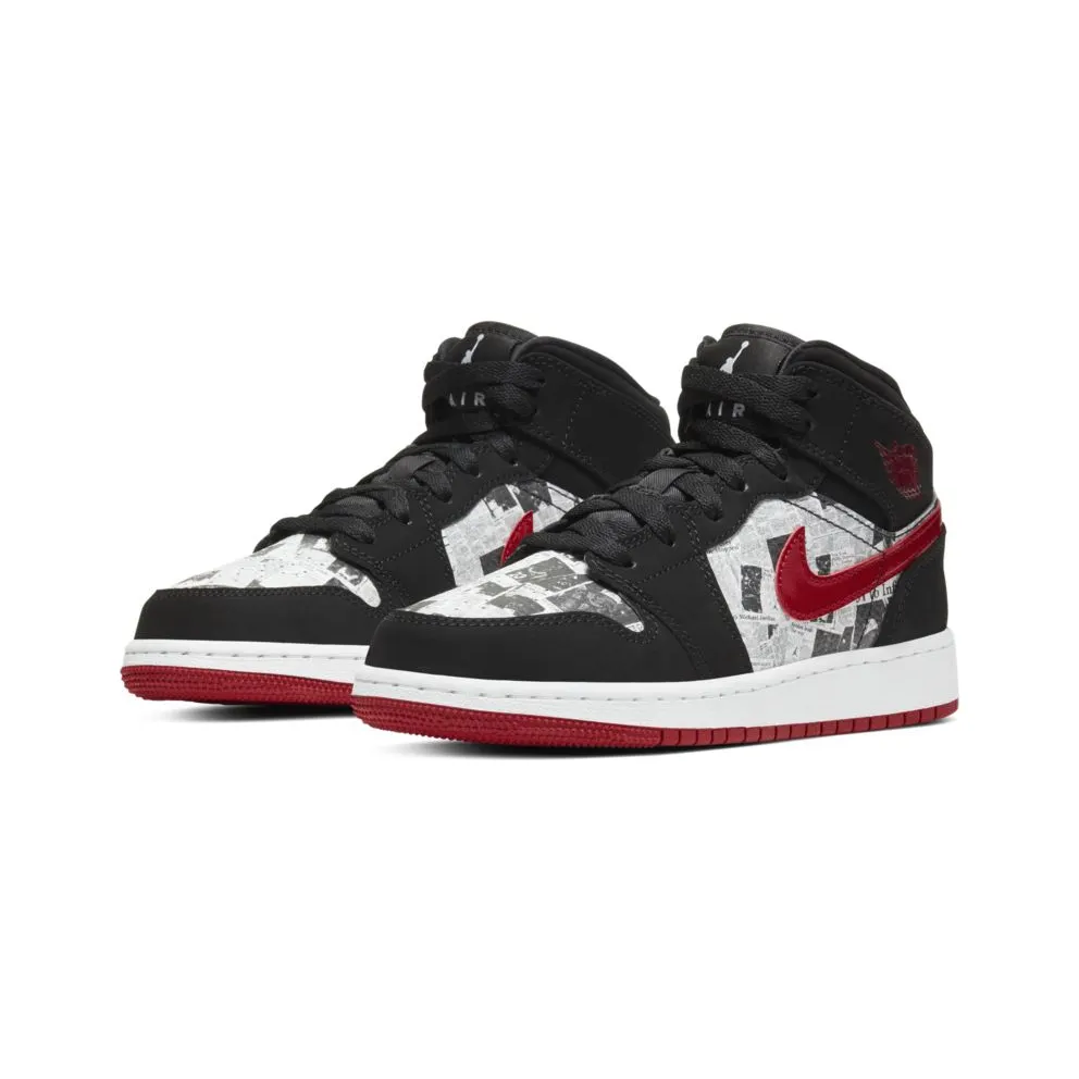 Jordan 1 Mid Newspaper Air Times (GS) Black/Gym Red-White (BQ6931-061)