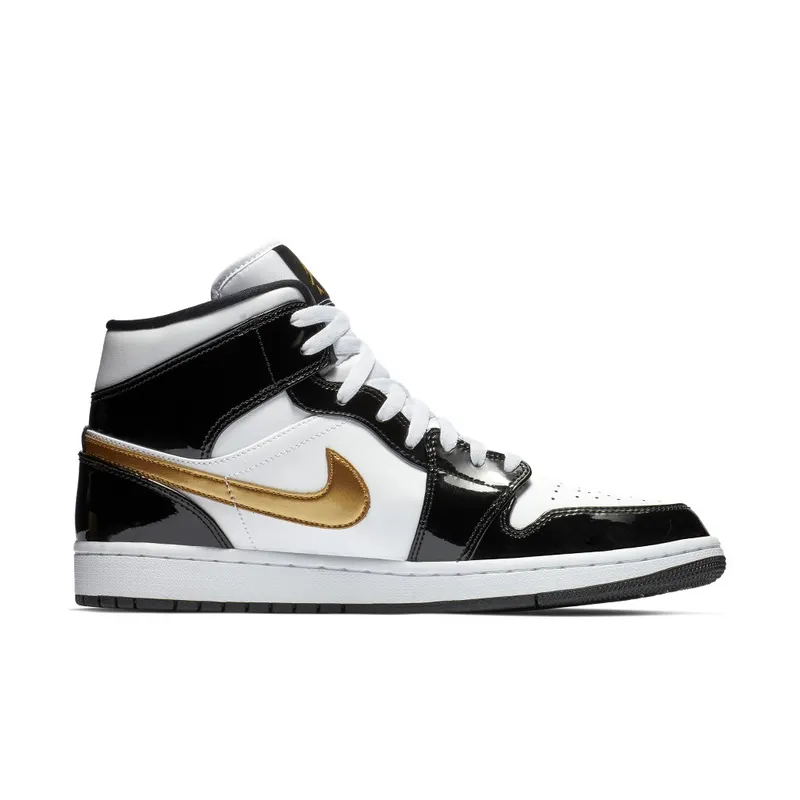 Air Jordan Nike AJ I 1 Mid Patent Black White Gold (852542-007)