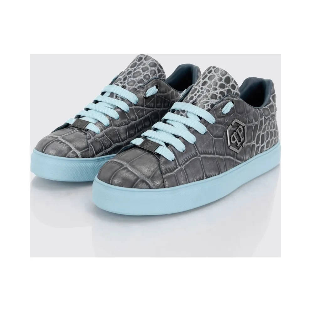 Philipp plein Crocodile-Print Leather Low-Top Sneakers with Hexagon Logo Turquoise (FAFSUSC1030PLE010N08)