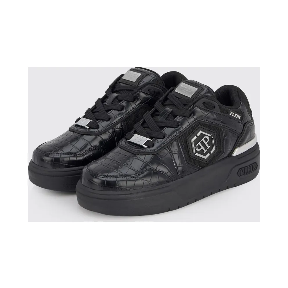 Philipp plein SK8R Low-Top Sneakers in Leather and Mesh with Croc Print and Hexagon Logo Black (PAFSUSC0962PTE003N0202)