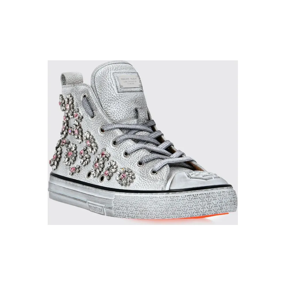 Philipp plein Grained Leather High-Top Sneakers with Rhinestones and Hexagon Logo White (FAASWSC2177PLE010N01)