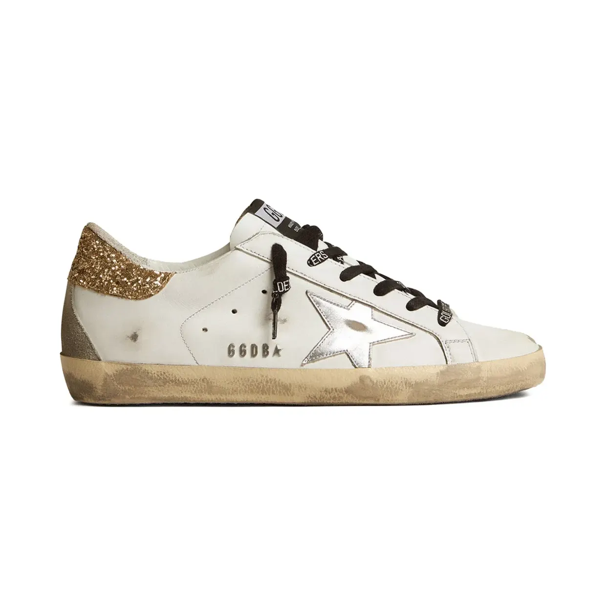 Golden Goose Super-Star aus weißem Leder mit glitzerndem Absatz (GWF00102F001460)