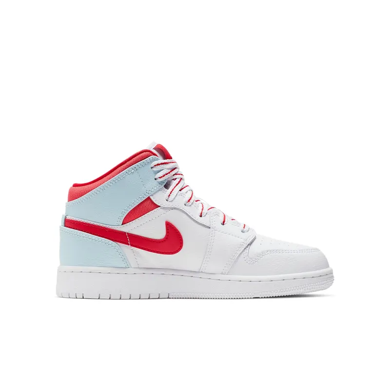 Jordan 1 Mid White Topaz Mist (GS) White/University Red-Topaz Mist-Ember Glow (555112-104)