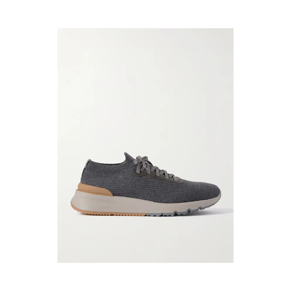 Brunello Cucinelli Leather-Trimmed Stretch-Knit Beige (MZUWLBO253)