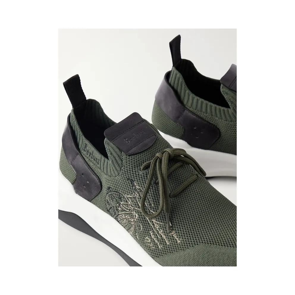 Berluti Shadow Logo-Embroidered Leather-Trimmed Stretch-Knit Army green (S6610-009)