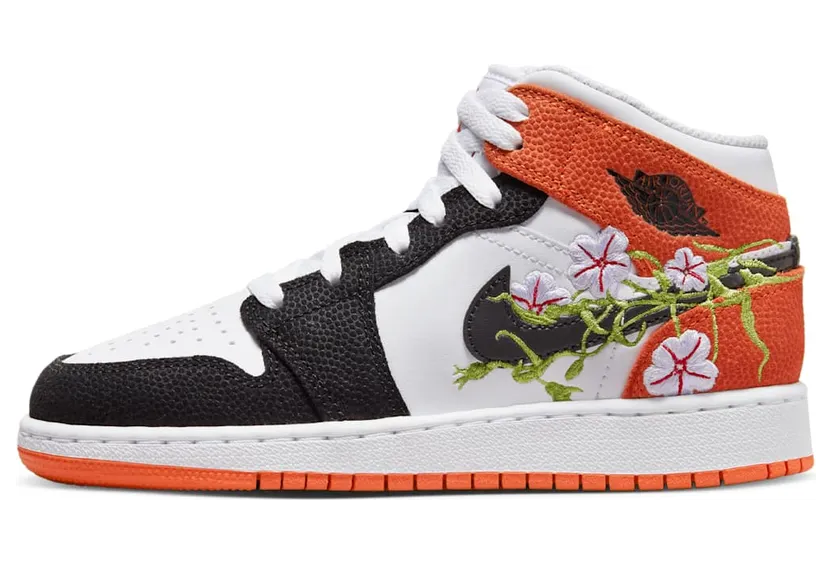 Air Jordan 1 Mid GS Basketball Blossom “White / Starfish / Vivid Green / Black” (DQ8390-100)