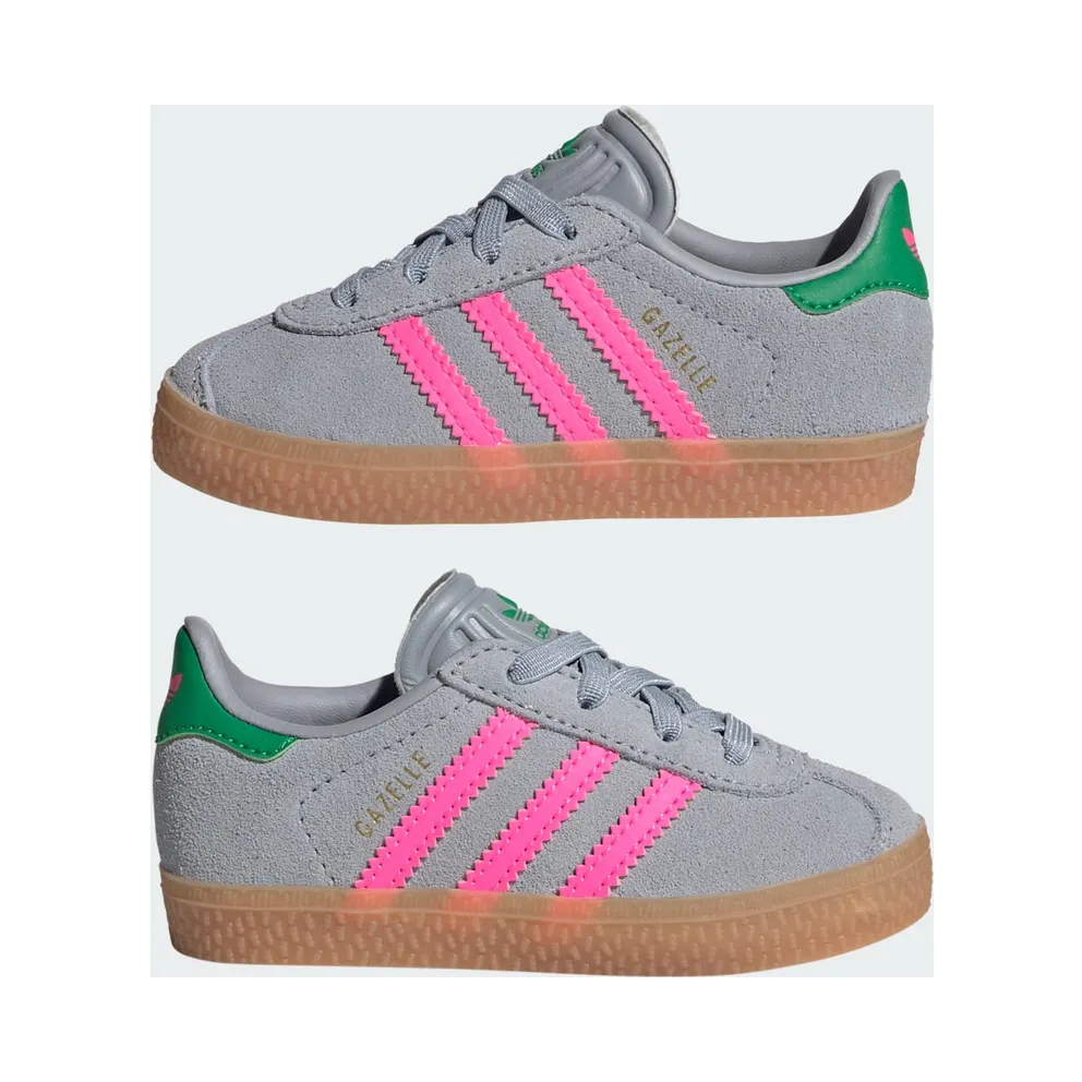 Adidas Gazelle Comfort Closure Elastic Laces Shoes Kids Halo Silver / Lucid Pink / Green (IH6477)