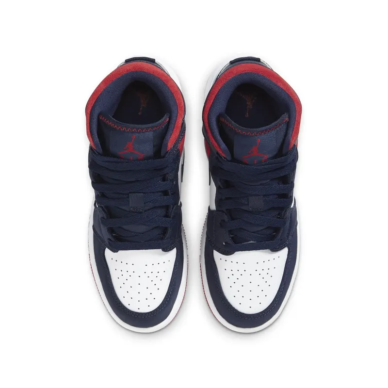 Jordan 1 Mid SE USA (GS) White/Varsity Red-Midnight Navy (BQ6931-104)