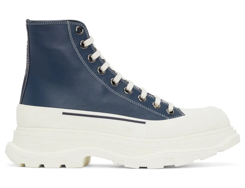 Alexander McQueen Navy Leather Tread Slick High Sneakers (627206WIAM2)
