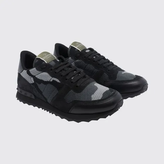 Valentino garavani Rockrunner Camouflage Leather and Mesh Sneakers Black (S0723QRK52V)