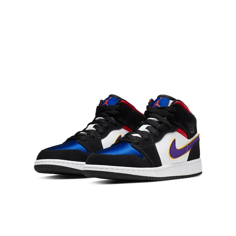 Jordan 1 Mid Lakers Top 3 (GS) Black/Field Purple-White-Gym Red-Rush Blue-Amarillo (BQ6931-005)