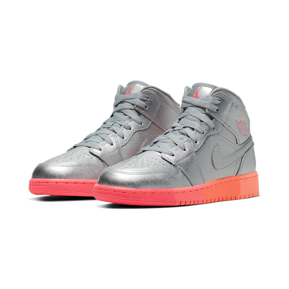 Jordan 1 Mid Sunrise (GS) Metallic Silver/Racer Pink-Wolf Grey-Hot Punch (555112-006)