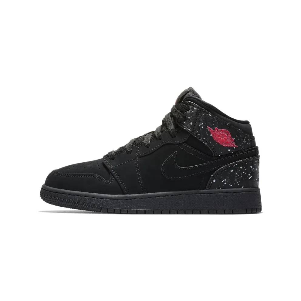 Jordan 1 Mid Black Rush Pink White Splatter (GS) Black/Rush Pink-White-Black (555112-001)