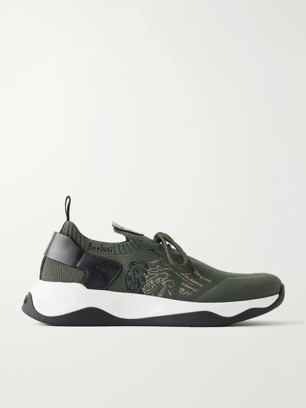 Berluti Shadow Logo-Embroidered Leather-Trimmed Stretch-Knit Army green (S6610-009)