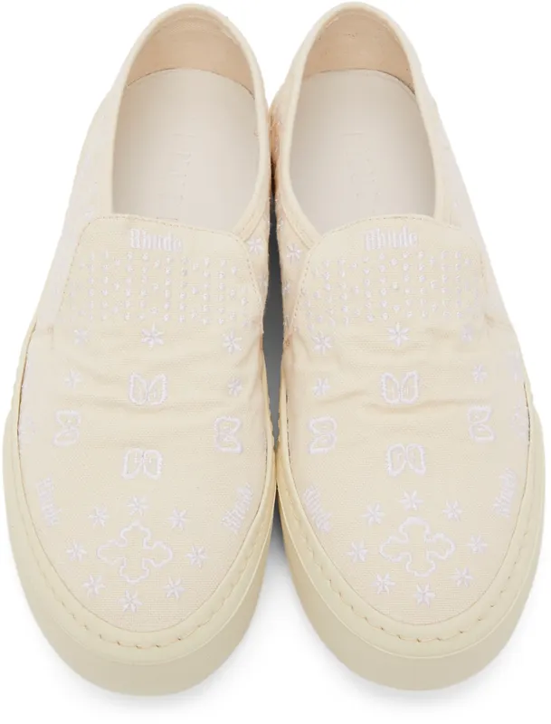 Rhude Beige Embroidered Slip-On Sneakers (RHFW21FO22040377)